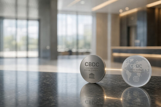 CBDC digital currency tokens in corporate lobby on polished granite with light link symbolizing cross-border interoperability and central bank settlement protocol for finance banking fintech