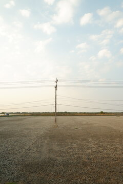 Electric power supply distribution lines running through a countryside landscape