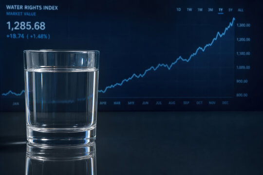 Crystal glass of freshwater on reflective surface with rising financial line graph background symbolizing water rights commodity trading blue economy investment and resource privatization market value