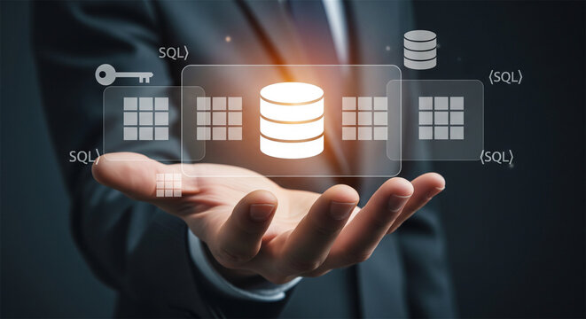 SQL database management concept, businessman holding glowing virtual data server icon, cloud computing and information security technology