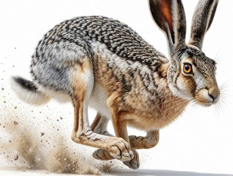 Detailed illustration of a jackrabbit running fast, kicking up dust. Energetic animal shown mid stride against clean white backdrop, conveying speed and wild nature.
