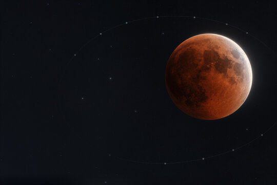 Deep partial lunar eclipse blood moon with Earth's umbra and Saros cycle orbital ellipse overlay, crimson lunar surface and thin bright crescent for astronomy editorial use