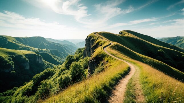 Winding dirt path leads along green mountain ridge. Scenic landscape features rolling hills, steep cliffs, valleys under bright blue sky. Peaceful nature trail offers amazing view for hiking