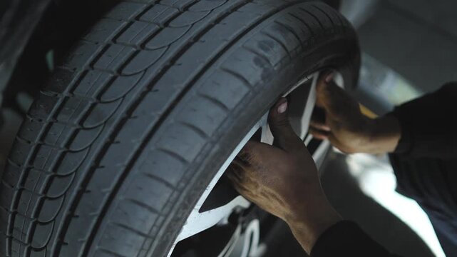 A man is working on a tire, tightening a lug nut. The tire is black and white, and the man is wearing a black shirt