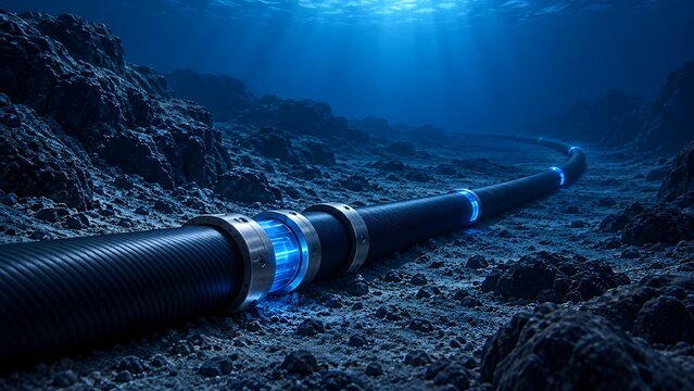 Underwater fiber optic internet cable on the ocean floor with glowing blue rings representing global telecommunication and subsea data networks.