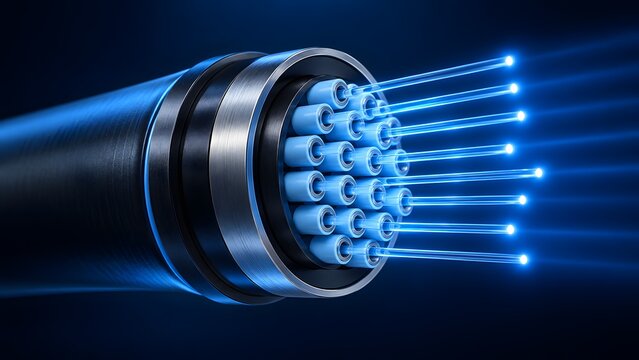 Close up cross-section of a futuristic metallic fiber optic cable with glowing blue light beams for high-speed internet data transmission.