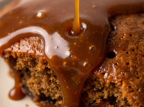 Thick caramel sauce pouring over baked sticky toffee pudding