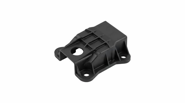 Durable black plastic automotive support bracket featuring precise mounting holes and reinforced structural ribs isolated against a clean white background