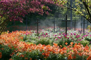 Obraz premium Christian crosses in flower meadow near geothermal spring