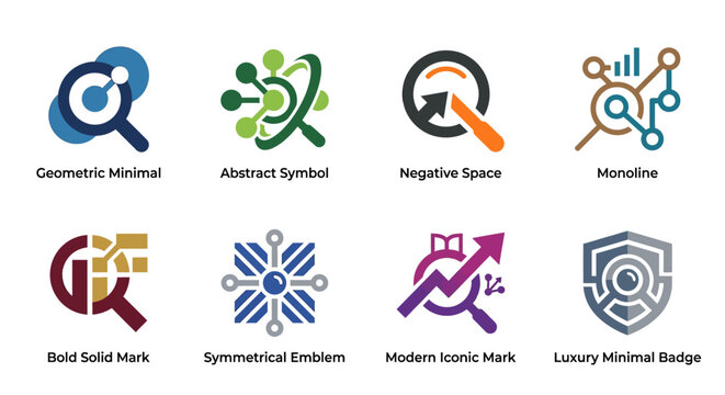 Technical search and data analysis logo design set.