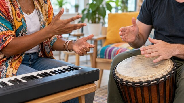 Adults practicing rhythm with keyboard and hand drum