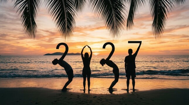 Group of friends forming the number 2027 with their bodies on a sandy beach during a beautiful sunset