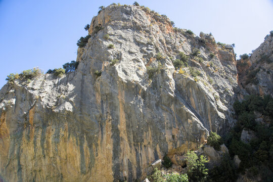 Rocky limestone peak with pines on top seen from below in the Rio Vero canyon