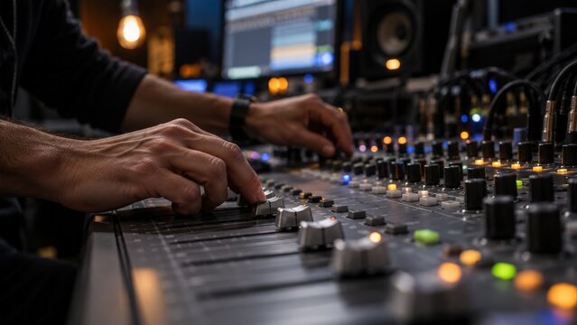 Sound engineer adjusting faders on professional mixing console