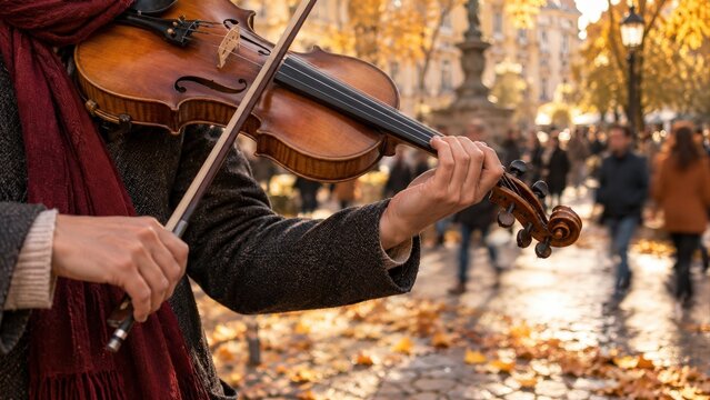 Street violinist performing on autumn city promenade