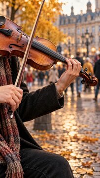 Street violinist performing on autumn city square