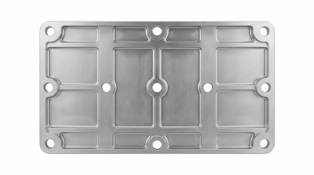 Rectangular machined metal plate with circular mounting holes and recessed geometric patterns displayed on a clean isolated white background studio shot