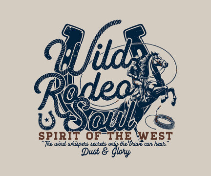 Vintage "Wild Rodeo Soul" typography graphic design with horseshoe and bucking horse