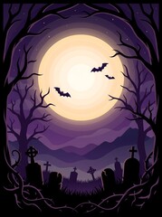 Fototapeta premium Spooky night landscape with glowing full moon, graveyard tombstones, flying bats, dark forest trees and mountain mist