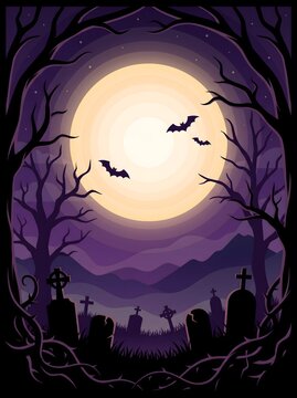 Spooky night landscape with glowing full moon, graveyard tombstones, flying bats, dark forest trees and mountain mist