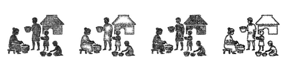 Fototapeta premium Sketch monochrome ancient family life icon design set
