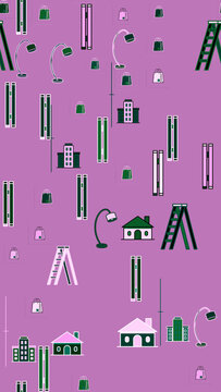 Illustration of houses, buildings, shopping bags, ladders, and lamps