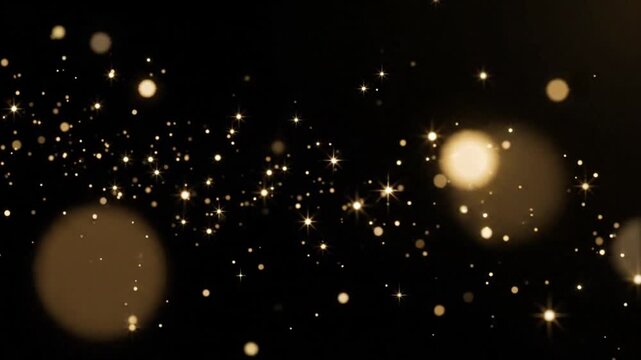 Abstract golden glitter particles and bokeh lights on black background