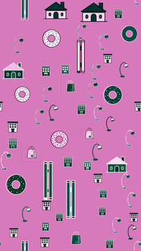 Pattern of Houses, Lamps, Shopping Bags, and Donuts