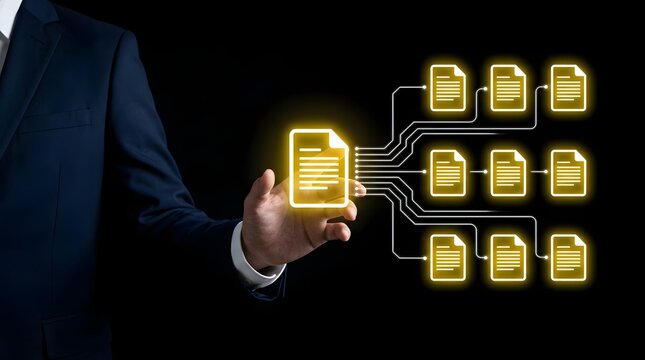 Businessman interacting with a holographic interface showing digital document management and data organization flow on a black background