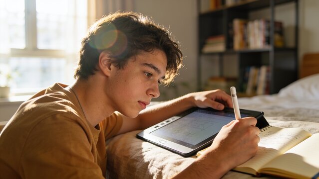 > Student using digital tablet and notebook for hybrid learning at home