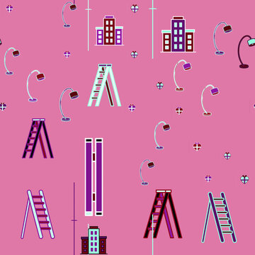 Seamless pattern with buildings, ladders, and lamps