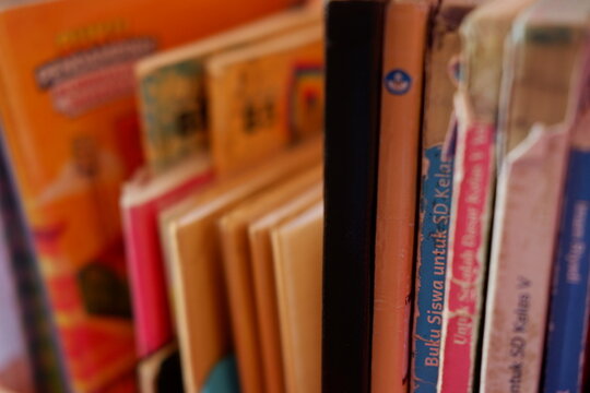 Stack of educational textbooks and literature books standing on a bookshelf
