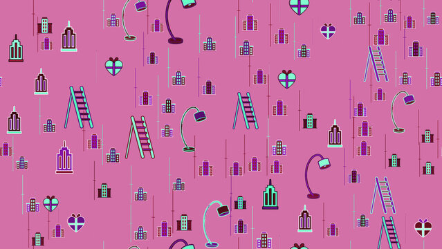 Seamless pattern with buildings, ladders, lamps, and gifts