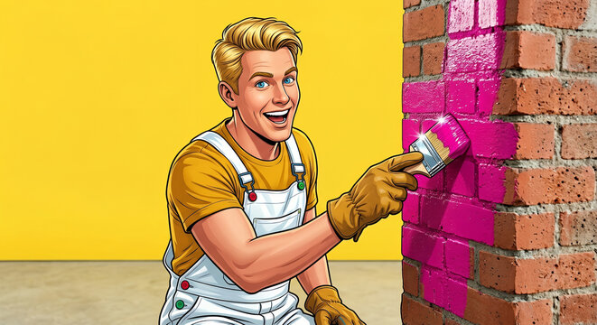 Young man painting a brick wall with pink color in a bright setting  