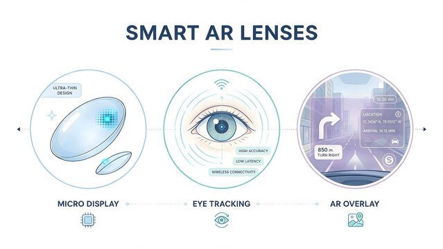 Business Infographic Template about Smart AR Lenses, 3 Steps Flat Line Art Vector Illustration