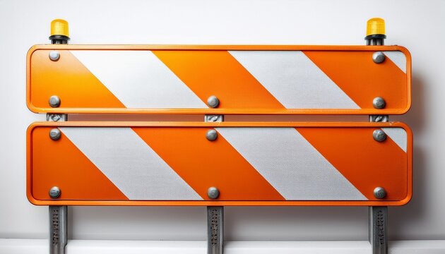 vibrant orange and white road barrier sign clearly indicating road closed with a warning message for safety and traffic redirection on a clean white background