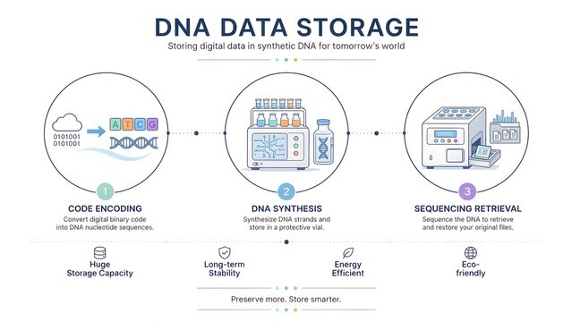 Business Infographic Template about DNA Data Storage, 3 Steps Flat Line Art Vector Illustration