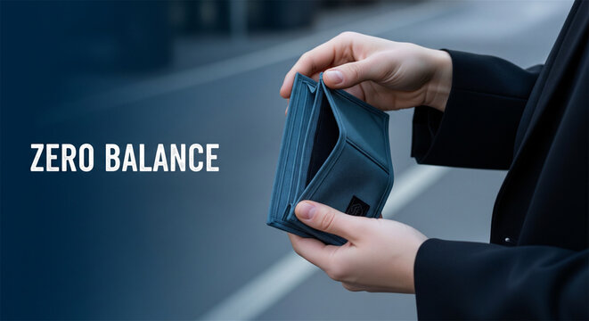 Zero balance concept with empty wallet, hands holding open blue wallet with no money, financial crisis and bankruptcy concept