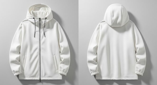 White hooded windbreaker jacket featuring a full front zipper and elastic cuffs shown from front and back views isolated on grey background