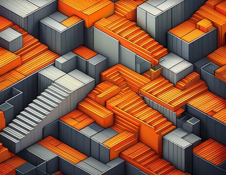 complex isometric 3d stairs pattern with interlocking orange and grey architectural blocks for paradoxical geometry structural maze and abstract urban planning concepts