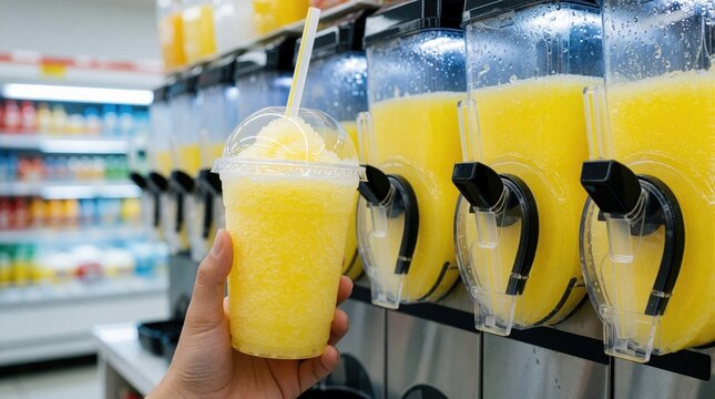 Hand holds transparent plastic cup with yellow slushy drink. Cold icy fruit beverage sits in front of slush machine in convenience store. Refreshing sweet dessert serves to quench thirst on hot