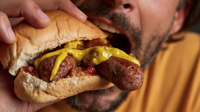 Devouring a Delicious Hot Dog: A close-up shot captures a person eagerly taking a bite out of a fully loaded hot dog, complete with sausages, relish, and a generous drizzle of mustard.