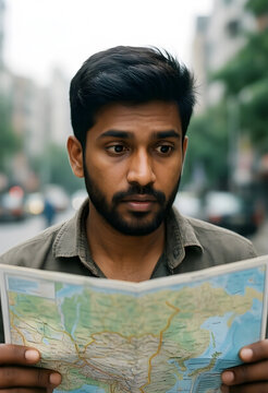 Travel planning and navigation, young man looking at a paper map in an urban street to find directions for a journey or adventure in a foreign city