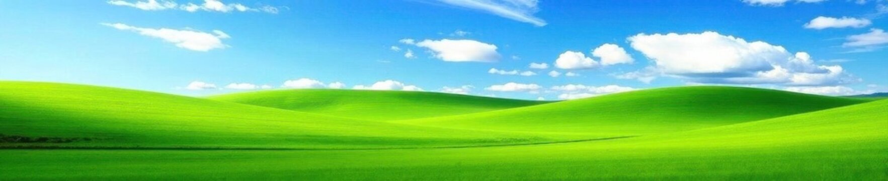 Rolling hills of vibrant green against a brilliant blue sky , clouds, farm