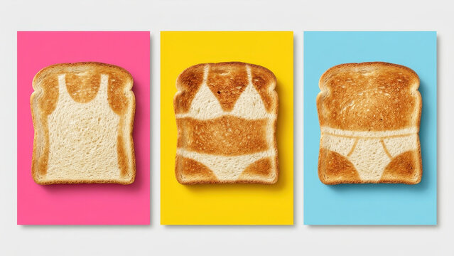 Daily spf reminder with toasted bread tan lines on pink yellow blue panels, uv awareness, skin cancer prevention, anti-aging sun care, body sunscreen, broad-spectrum protection