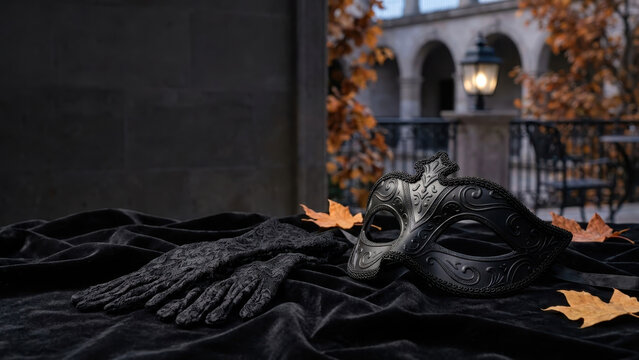 Black masquerade mask beside lace gloves on velvet with autumn leaves, halloween party accessories, gothic costume styling for evening celebration