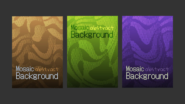 Set of Mosaic Abstract Backgrounds. Retro Pixelated Wavy Liquid Texture with Dither Halftone Effect for Vertical Poster, Cover, and Banner Design.