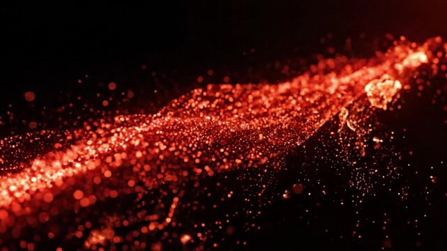 Abstract background with glowing red particles and bokeh light effects, dynamic stream of sparkling fire embers in the darkness