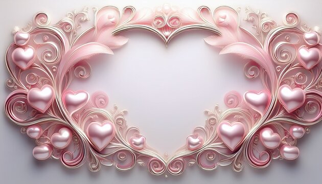 whimsical coquette frame 3d pearlescent elegant border twisted edges with heart accent pink pearl tones white background