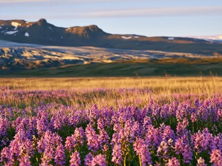Obraz premium Colorful orchid meadow in the sunlight with mountains behind
